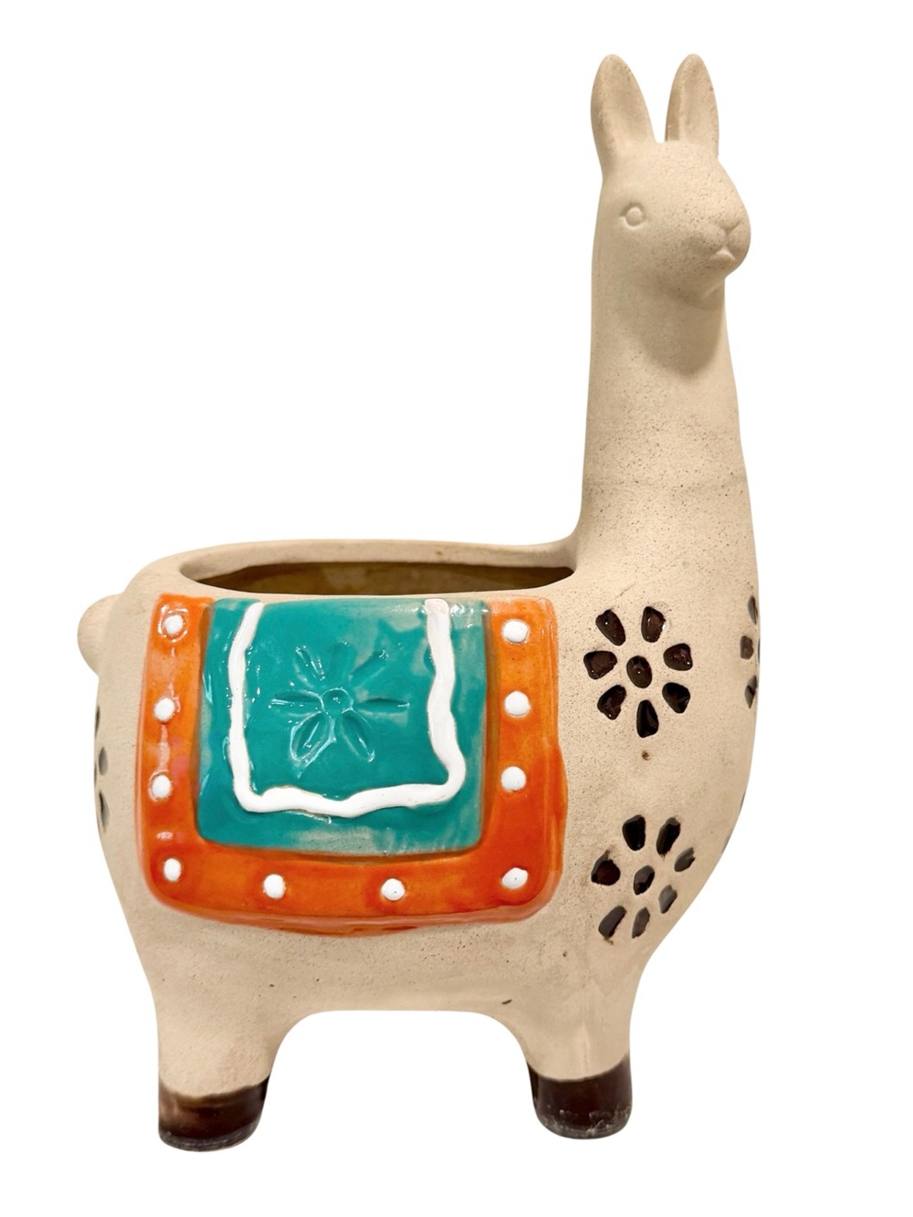 Ceramic Llama /Alpaca Planter Pot Floral Beige Orange Teal w/ Drainage Hole 9 in